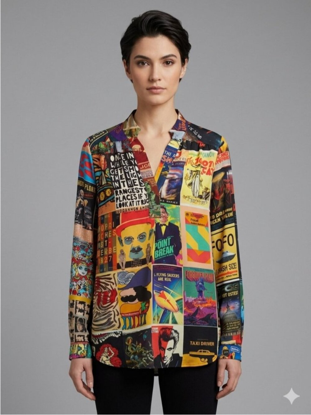 Unbreak.IT Colourful Pop Art Postcard Print Silk Tunic Blouse - Small